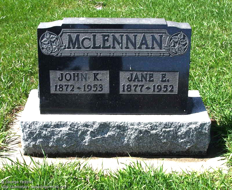 Photo of headstones/John K McLennan 1872-1953 hdstn Gladstone cem Manitoba